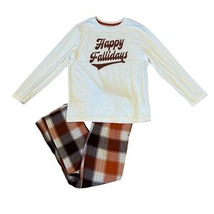Old Navy Kids Fall Pajama Set Size Large Brown Cream Orange Flannel Plaid